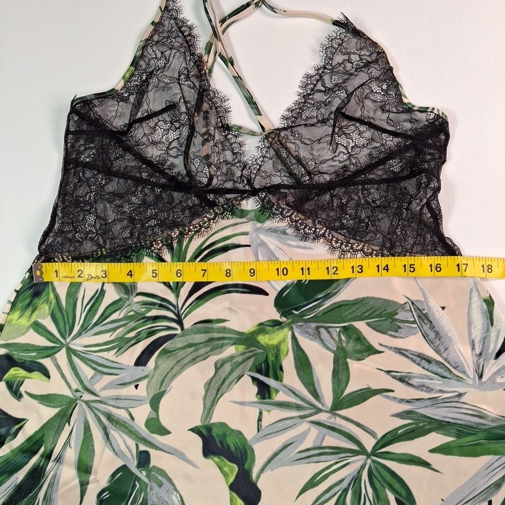 Victorias Secret Tropical Palm Leaf Lace Trim Slip Dress Chemise Green Black L - Picture 5 of 10